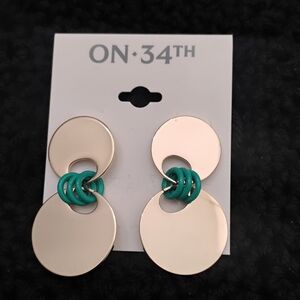 ON 34th Gold-Tone Disc & Blue-Green Color Ring Drop Earrings NWT